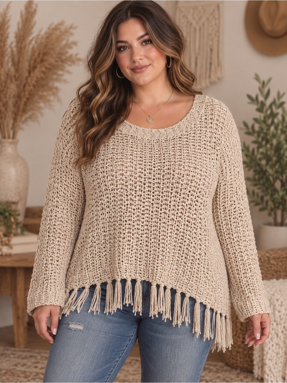 Altar'd State Cream Open-Knit Fringe Hem Sweater Extremely Oversized Medium
